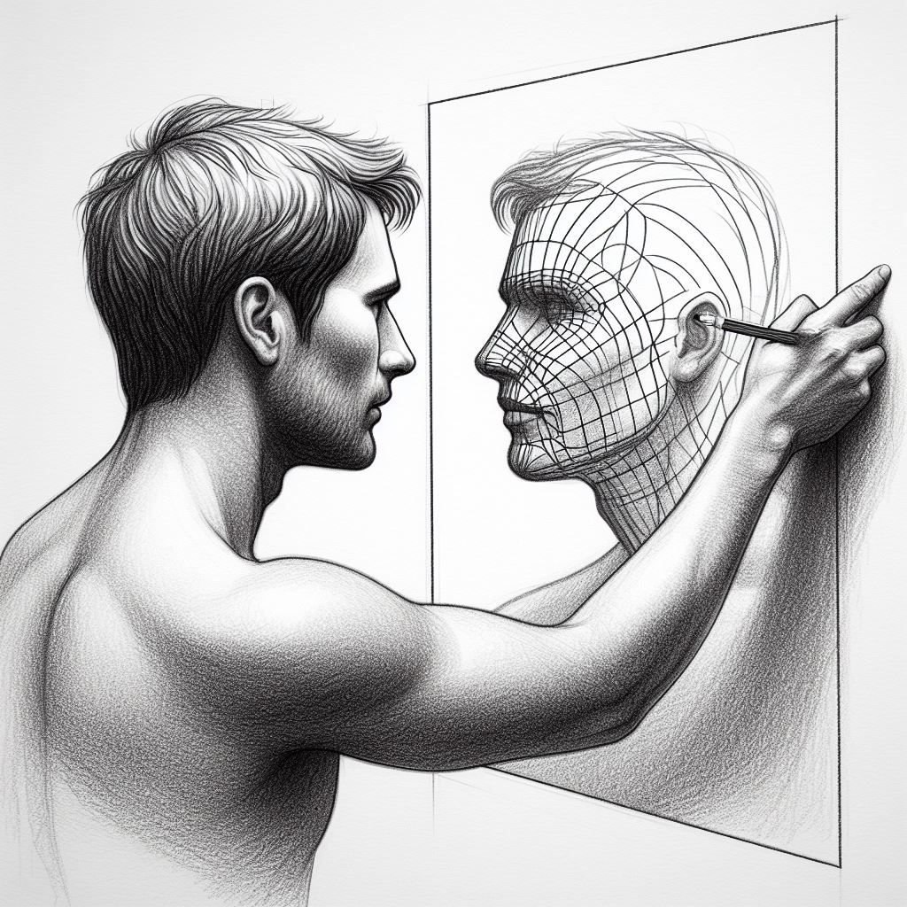 Um desenho de humano visto de perfil exibe apenas seu contorno em uma linha de lápis grafite. Esse humano estende seu braço na direção de um grande espelho que se encontra na sua frente. O que se vê refletido neste espelho é um homem bem desenhado em arte realista espelhando a forma do homem que é apenas um contorno de desenho.