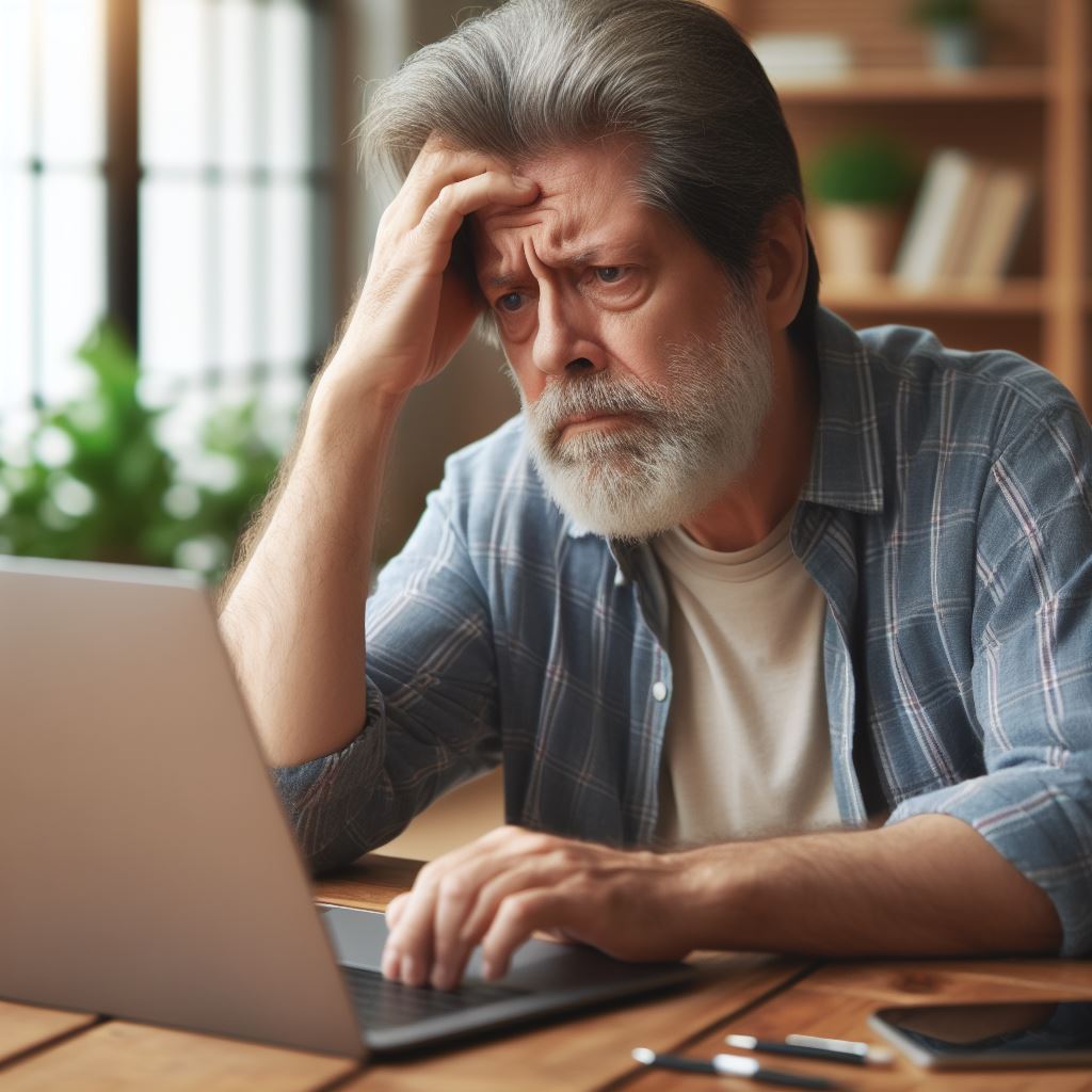Um homem de meia idade com cara de desenvolvedor de software sênior tem uma aparência de frustrado na frente de um laptop.