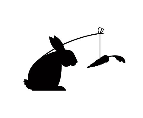 a rabbit with a stick tied to its back. A carrot hangs on a string strapped to the tip of the pole. 